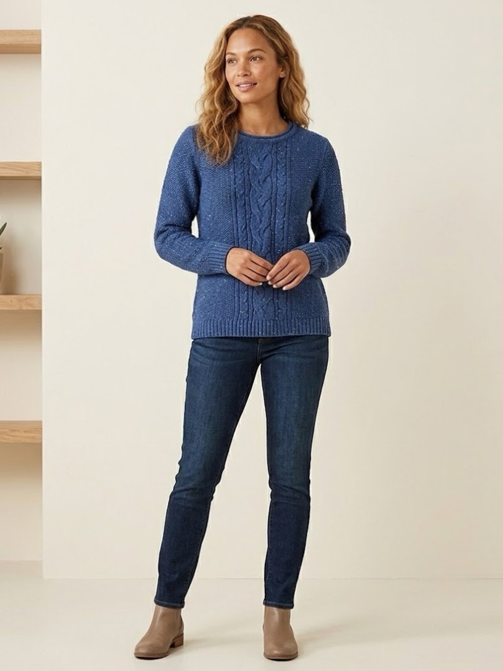 L.L. Bean Navy Cable Knit Speckled Cotton Crewneck Sweater Size Medium